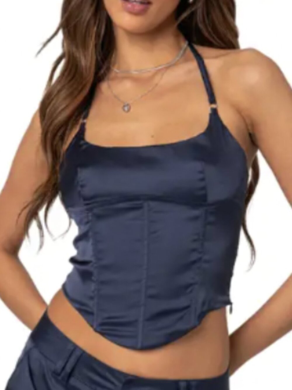 Edikted Kelsey Satin Lace Up Corset, XS, Navy